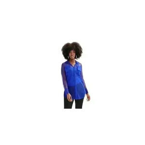 INTEMPO Women’s Blue Button Front Mesh Shirt Long SLV rounded Hem Button Cuff.